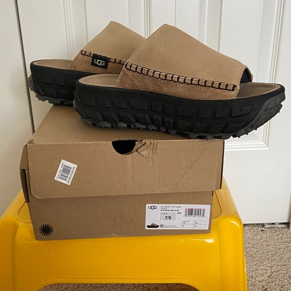 UGG Beige Suede Platform Slides